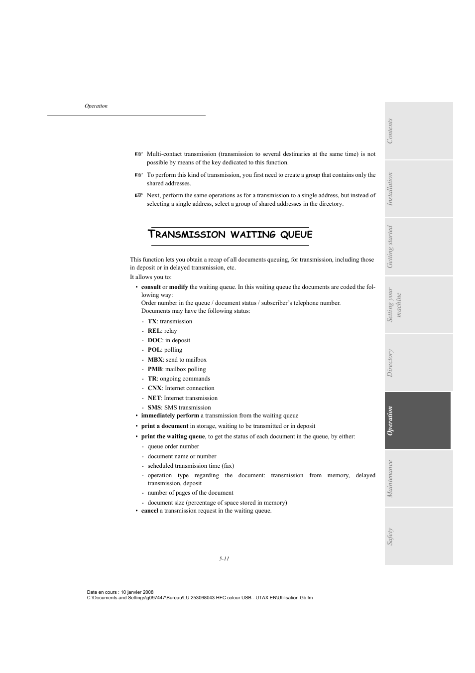 Multi-contact transmission, Transmission waiting queue, Ransmission | Waiting, Queue | TA Triumph-Adler CLP 4524 User Manual | Page 87 / 162