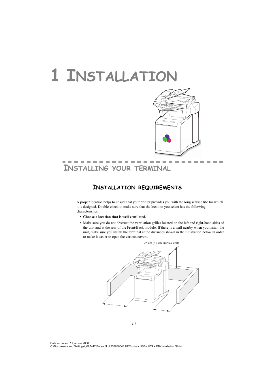 1 installation, Installing your terminal, Installation requirements | Ontents, Nstallation | TA Triumph-Adler CLP 4524 User Manual | Page 9 / 162