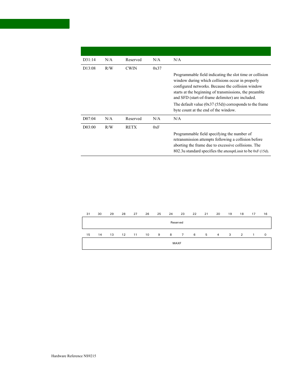 Maximum frame register, Register bit assignment | Digi NS9215 User Manual | Page 294 / 517