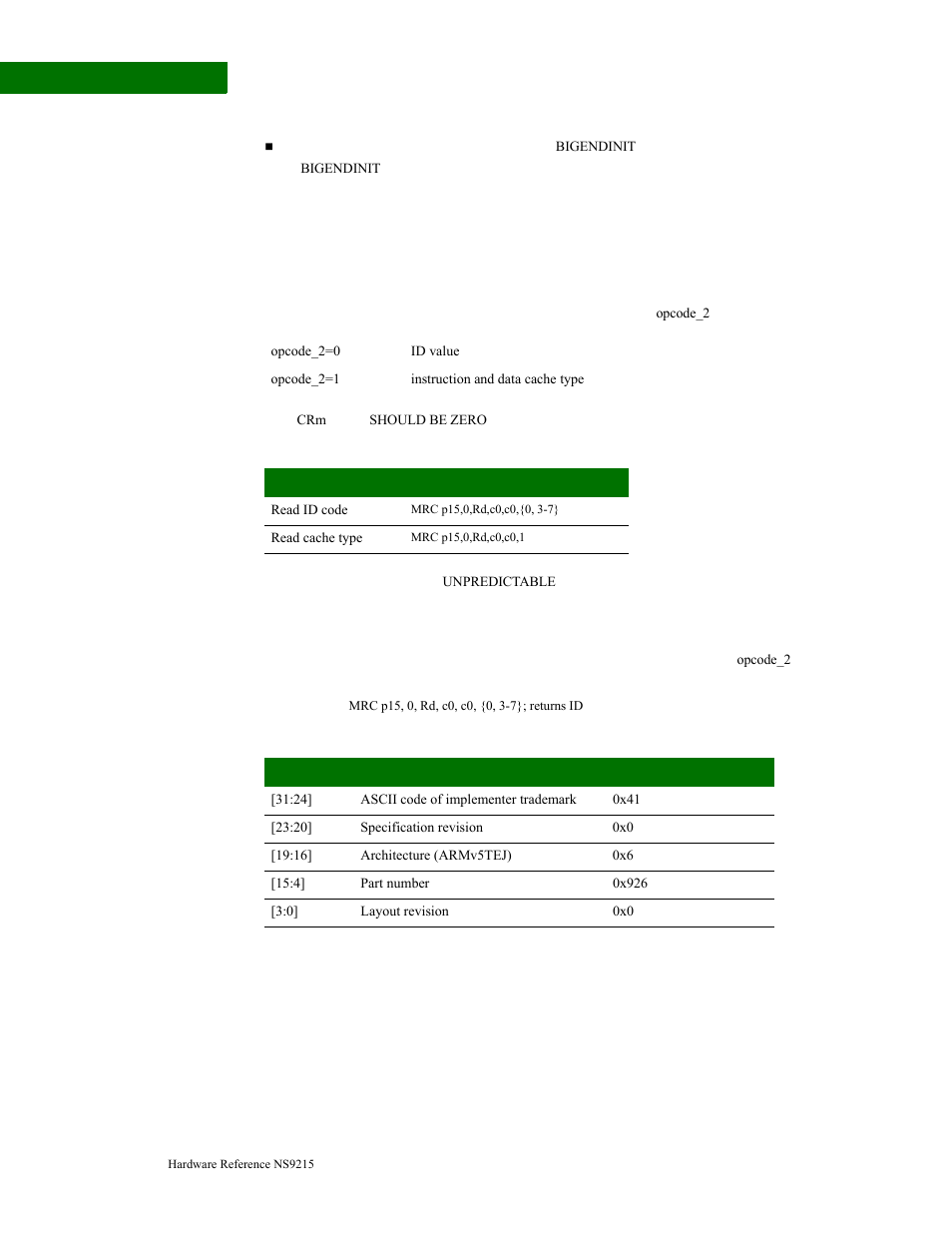 R0: id code and cache type status registers, R0: id code r0: cache type register | Digi NS9215 User Manual | Page 86 / 517