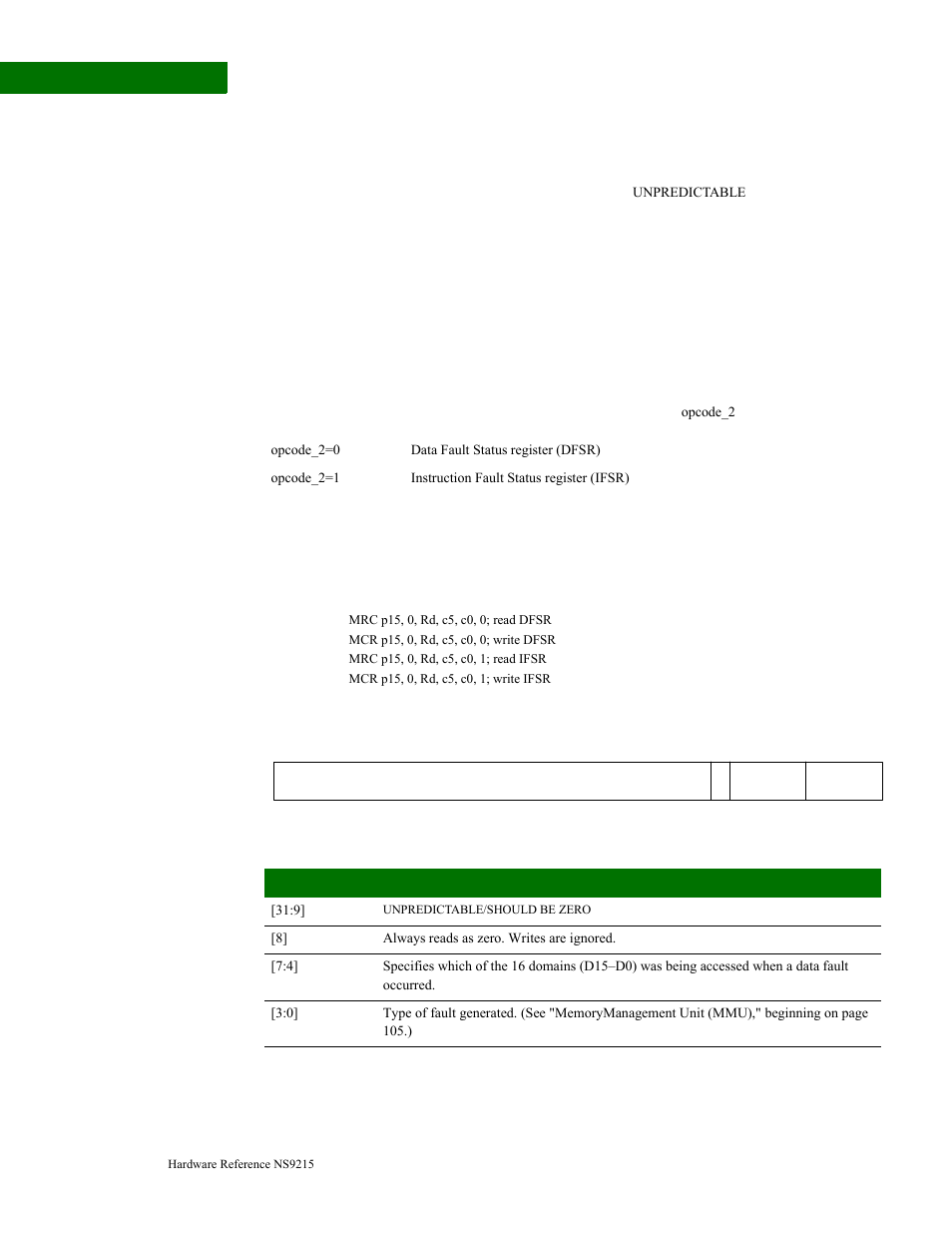 R4 register, R5: fault status registers, R4 register r5: fault status registers | Access instructions register format register bits | Digi NS9215 User Manual | Page 92 / 517