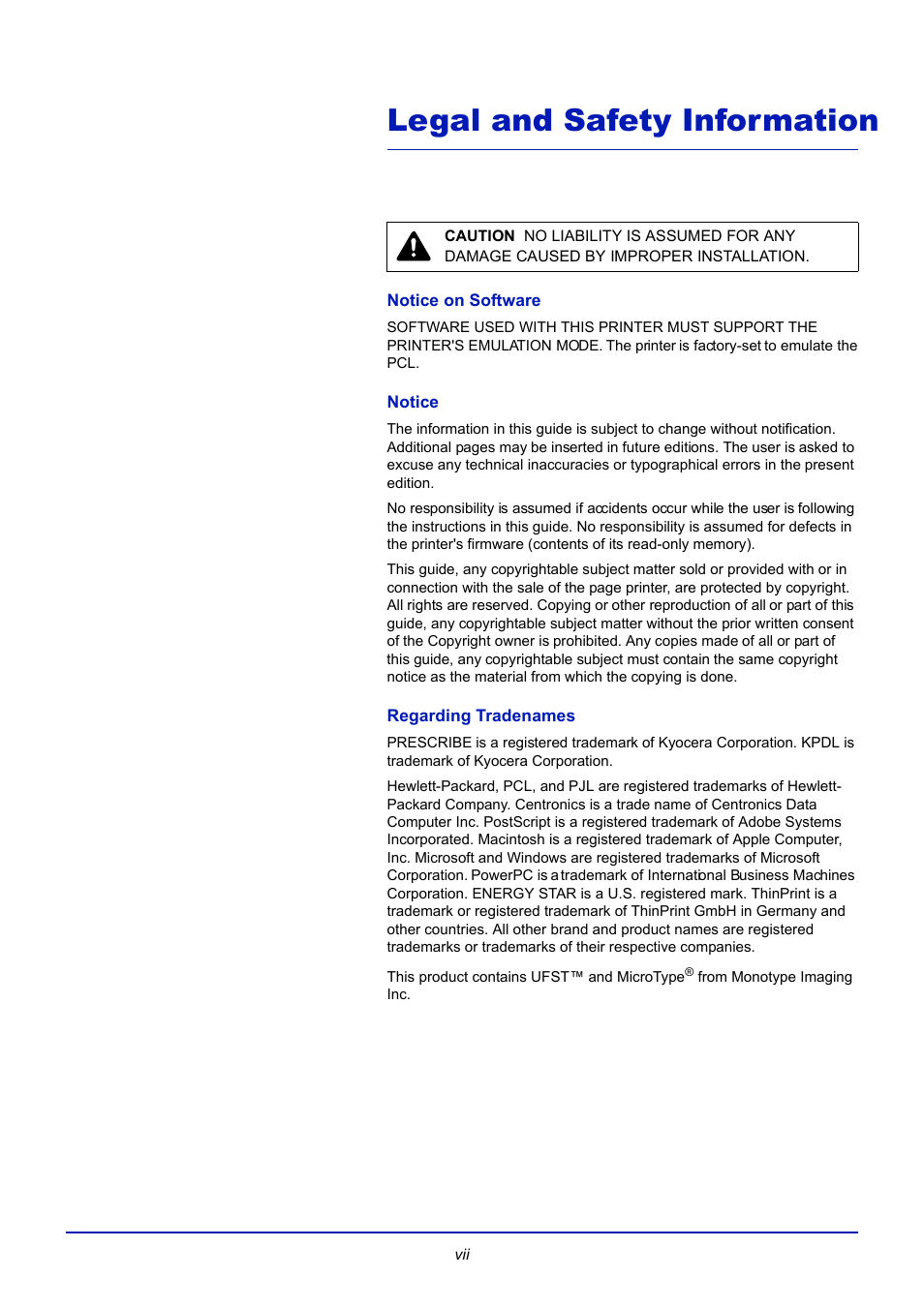 Legal and safety information, Notice on software, Notice | Regarding tradenames | TA Triumph-Adler CLP 4721 User Manual | Page 10 / 197