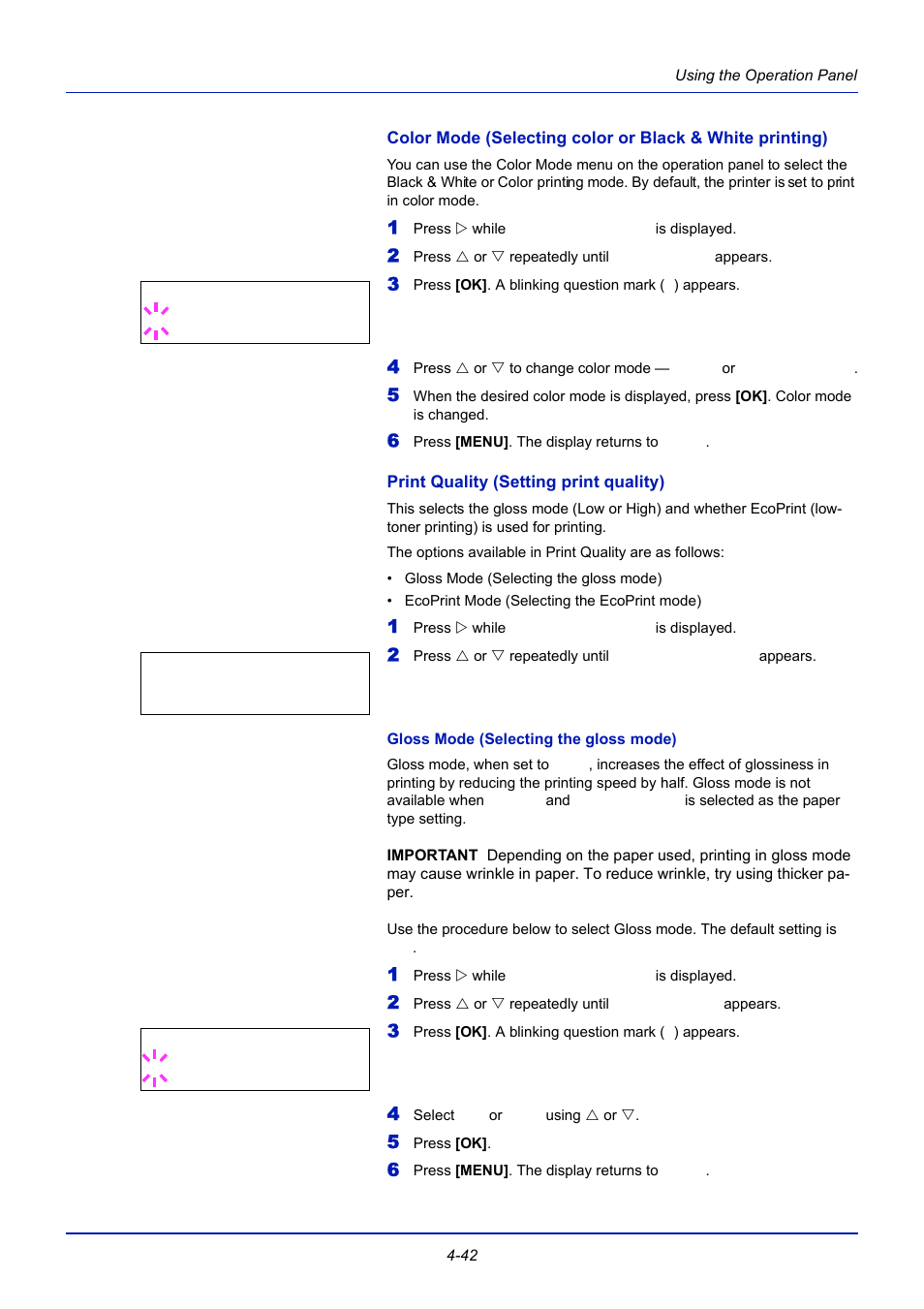 Print quality (setting print quality), Gloss mode (selecting the gloss mode) | TA Triumph-Adler CLP 4721 User Manual | Page 101 / 197