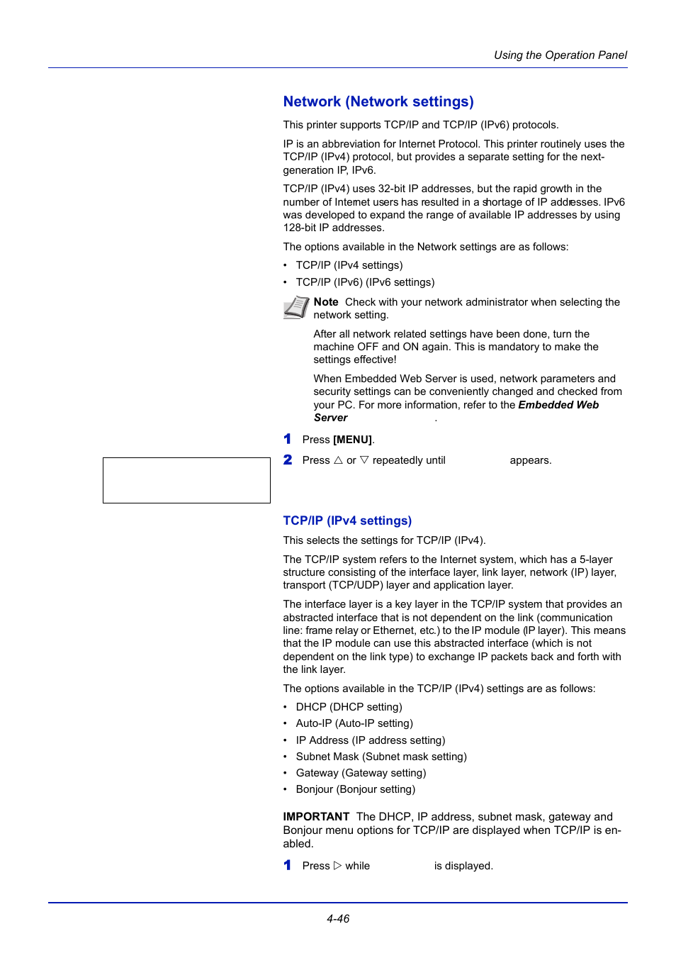 Network (network settings), Tcp/ip (ipv4 settings), Network (network settings) -46 | TA Triumph-Adler CLP 4721 User Manual | Page 105 / 197