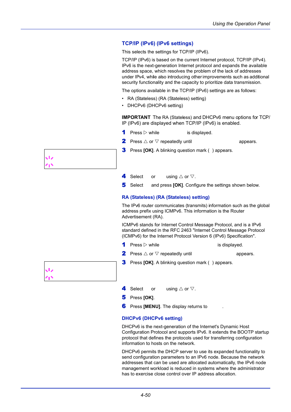 Tcp/ip (ipv6) (ipv6 settings), Ra (stateless) (ra (stateless) setting), Dhcpv6 (dhcpv6 setting) | TA Triumph-Adler CLP 4721 User Manual | Page 109 / 197