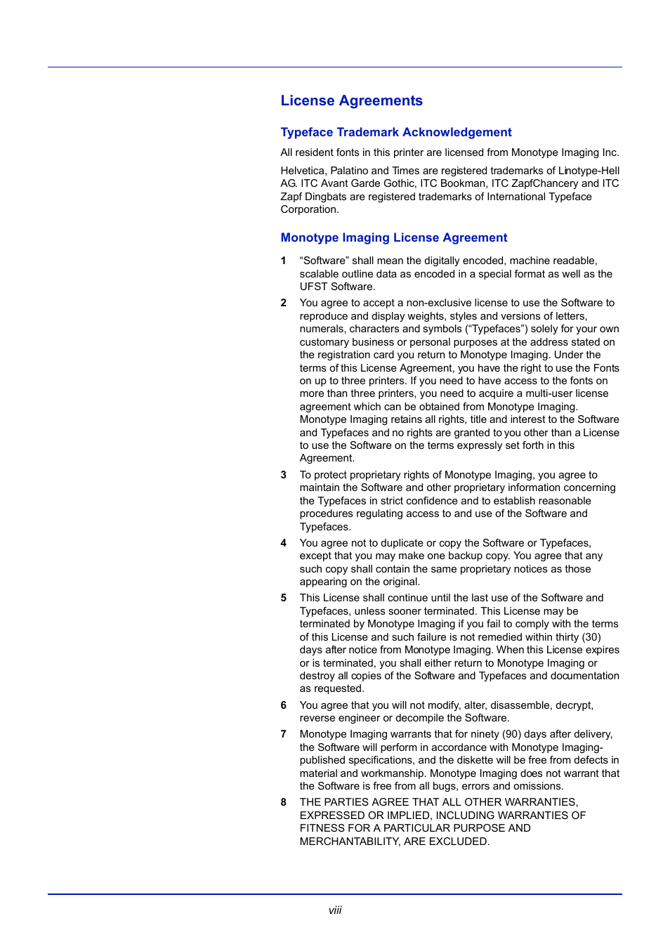 License agreements, Typeface trademark acknowledgement, Monotype imaging license agreement | TA Triumph-Adler CLP 4721 User Manual | Page 11 / 197