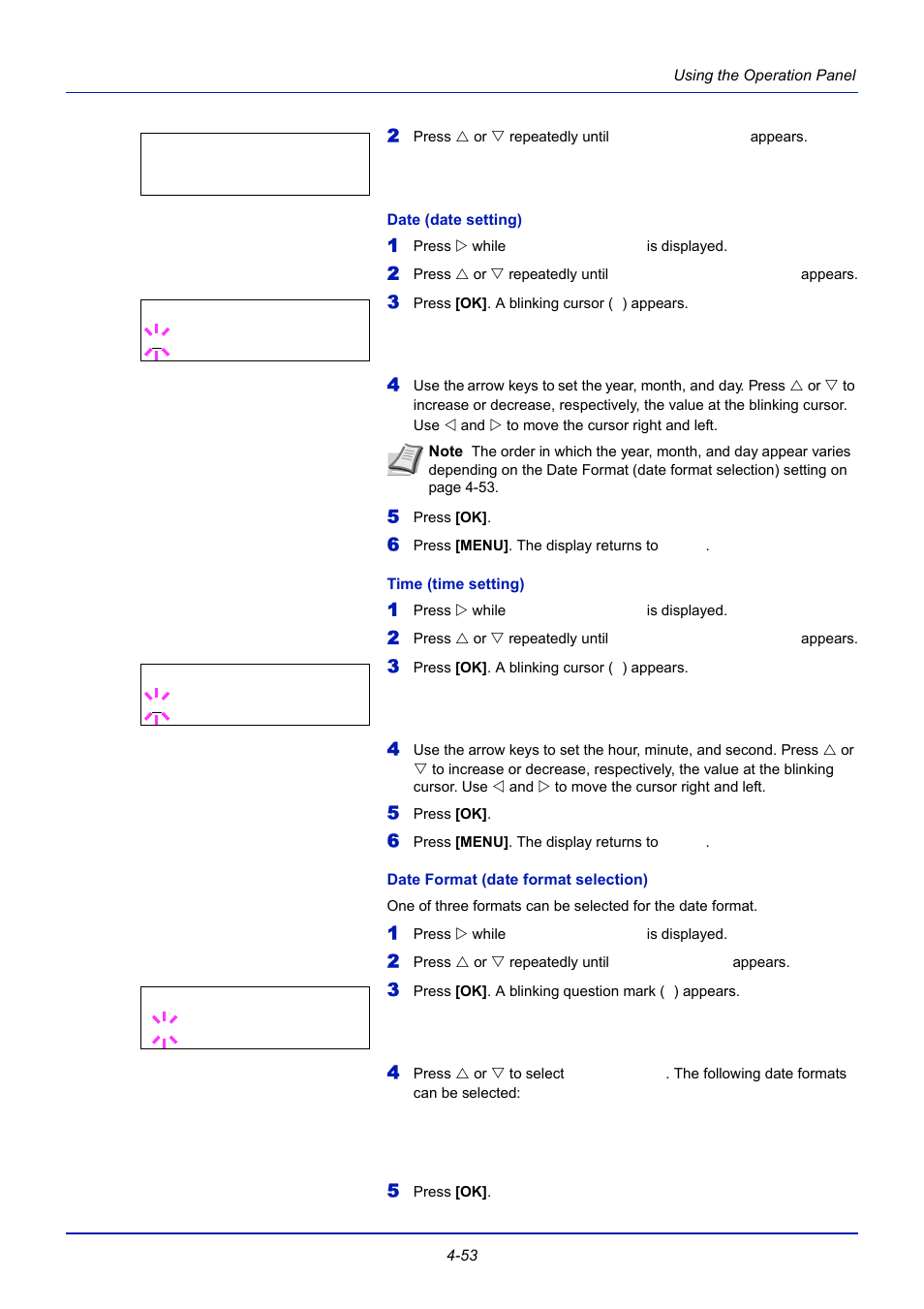 Date (date setting), Time (time setting), Date format (date format selection) | TA Triumph-Adler CLP 4721 User Manual | Page 112 / 197