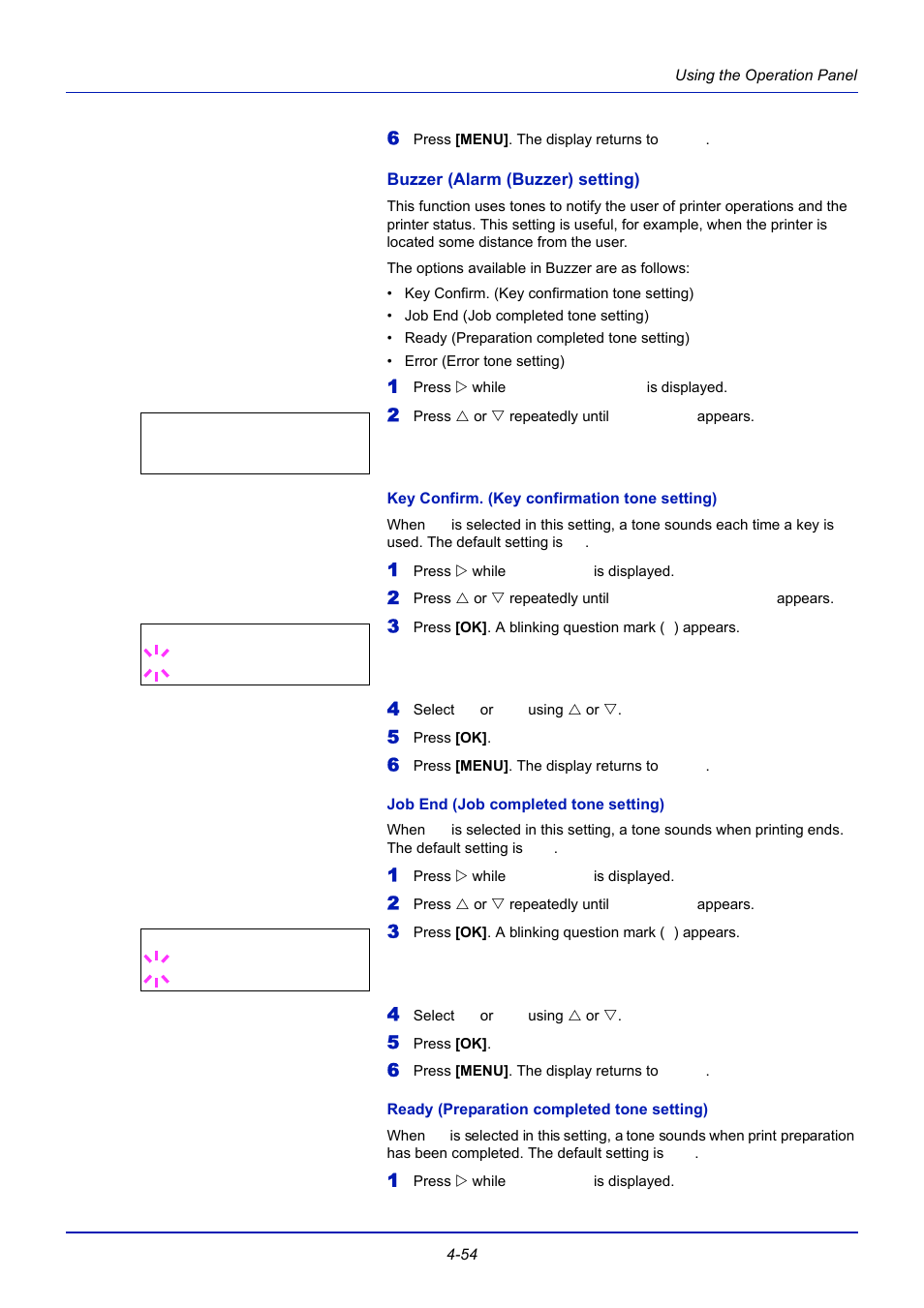 Buzzer (alarm (buzzer) setting), Key confirm. (key confirmation tone setting), Job end (job completed tone setting) | Ready (preparation completed tone setting) | TA Triumph-Adler CLP 4721 User Manual | Page 113 / 197