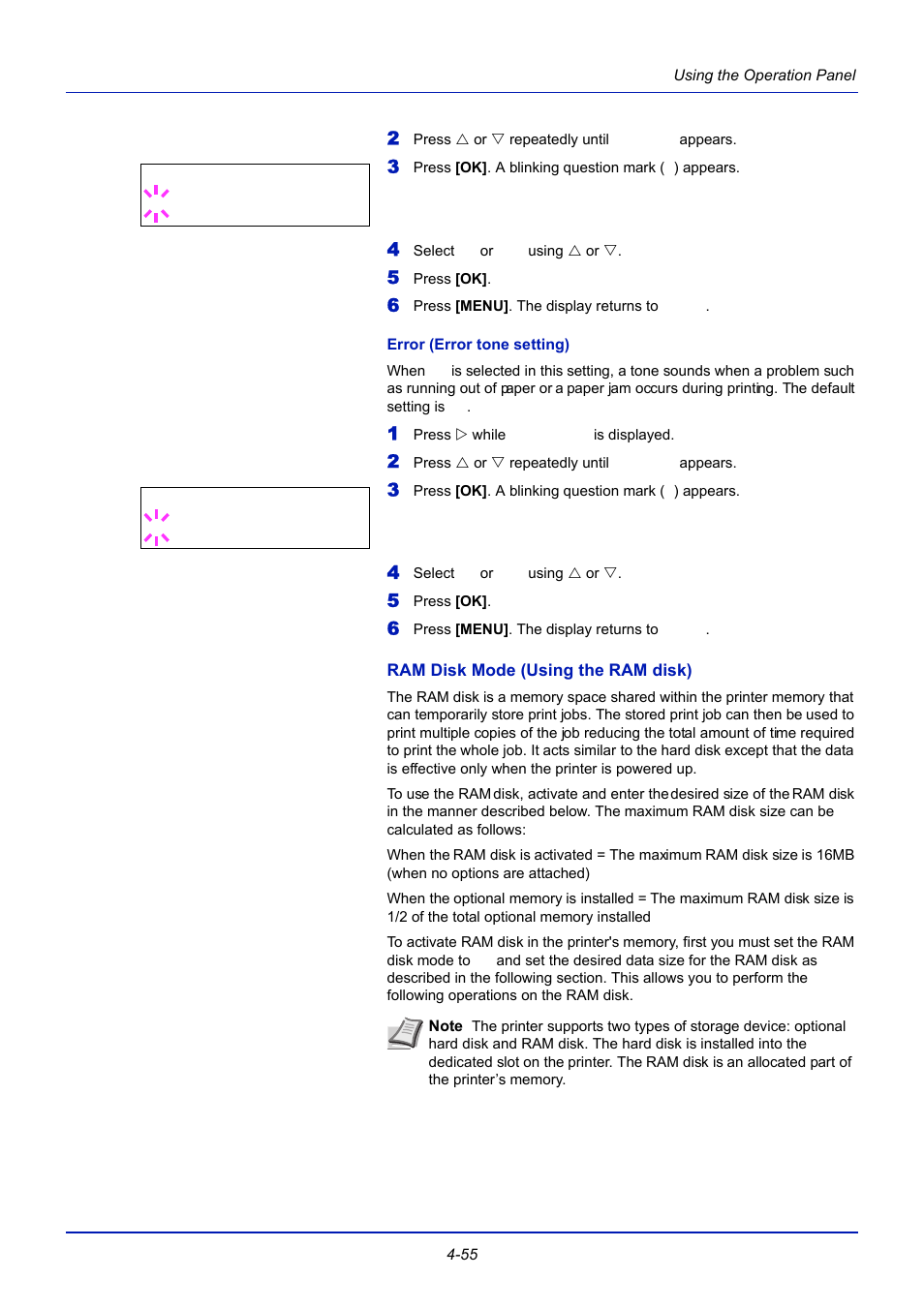 Error (error tone setting), Ram disk mode (using the ram disk), Ram disk mode (using | TA Triumph-Adler CLP 4721 User Manual | Page 114 / 197