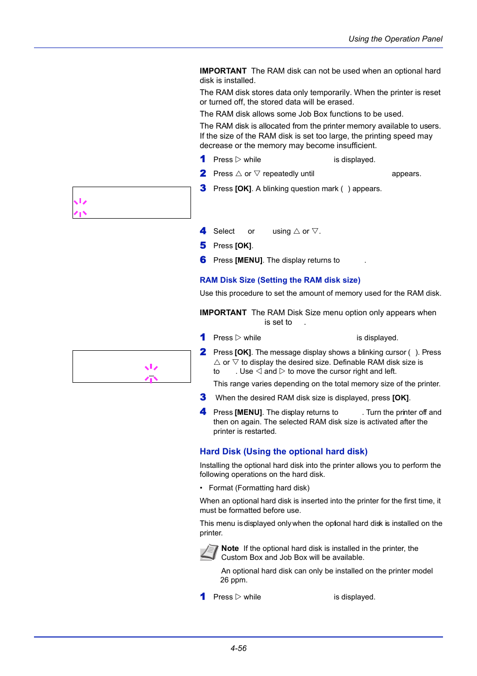 Ram disk size (setting the ram disk size), Hard disk (using the optional hard disk), To hard disk (using the optional hard | TA Triumph-Adler CLP 4721 User Manual | Page 115 / 197