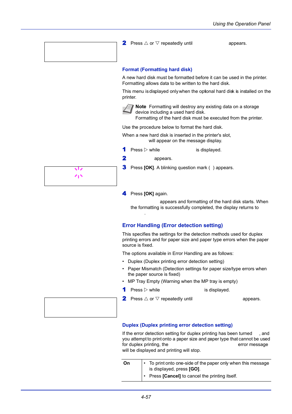 Format (formatting hard disk), Error handling (error detection setting), Duplex (duplex printing error detection setting) | TA Triumph-Adler CLP 4721 User Manual | Page 116 / 197