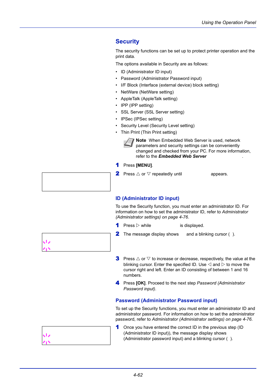 Security, Id (administrator id input), Password (administrator password input) | Security -62 | TA Triumph-Adler CLP 4721 User Manual | Page 121 / 197
