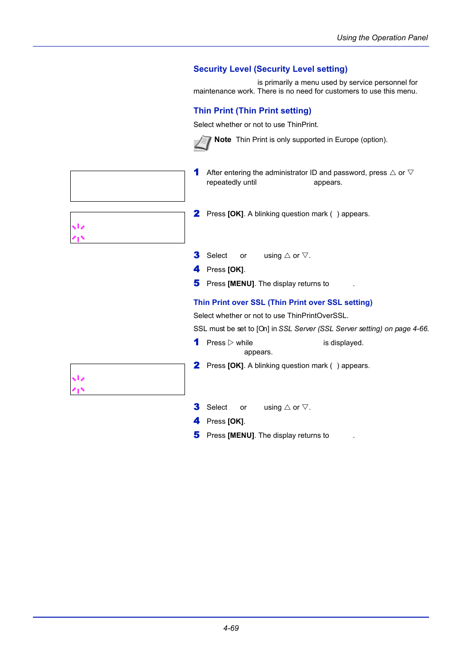 Security level (security level setting), Thin print (thin print setting), Thin print over ssl (thin print over ssl setting) | TA Triumph-Adler CLP 4721 User Manual | Page 128 / 197