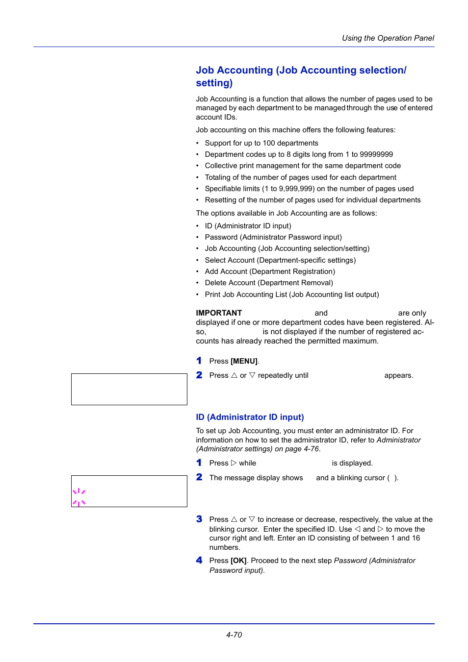 Job accounting (job accounting selection/ setting), Id (administrator id input), Job accounting (job accounting selection/setting) | TA Triumph-Adler CLP 4721 User Manual | Page 129 / 197