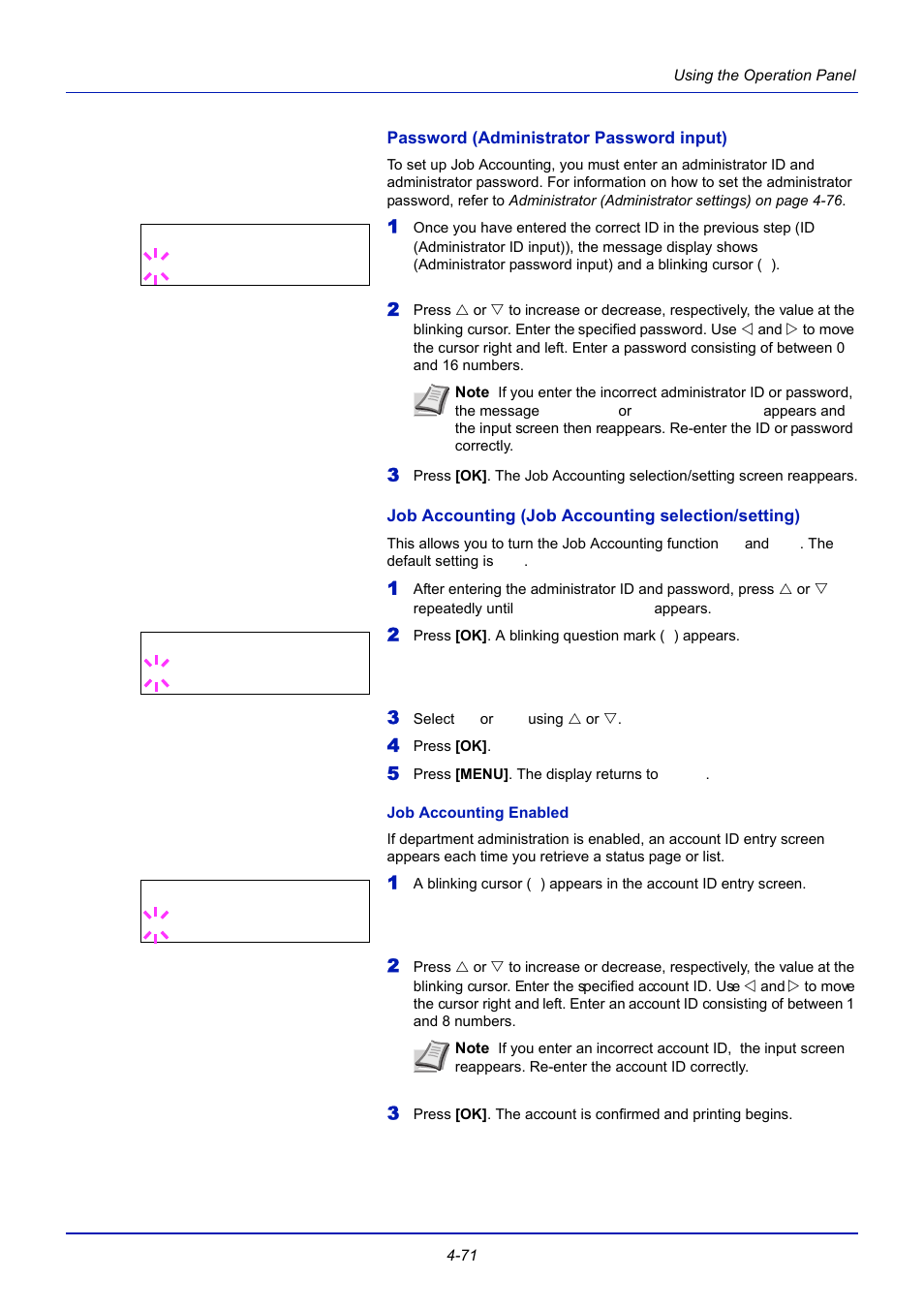 Password (administrator password input), Job accounting (job accounting selection/setting), Job accounting enabled | Password (administrator, Password input) | TA Triumph-Adler CLP 4721 User Manual | Page 130 / 197