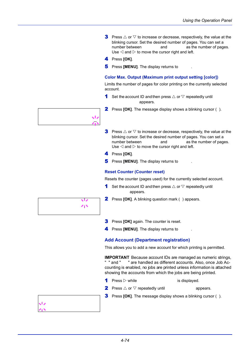 Reset counter (counter reset), Add account (department registration) | TA Triumph-Adler CLP 4721 User Manual | Page 133 / 197