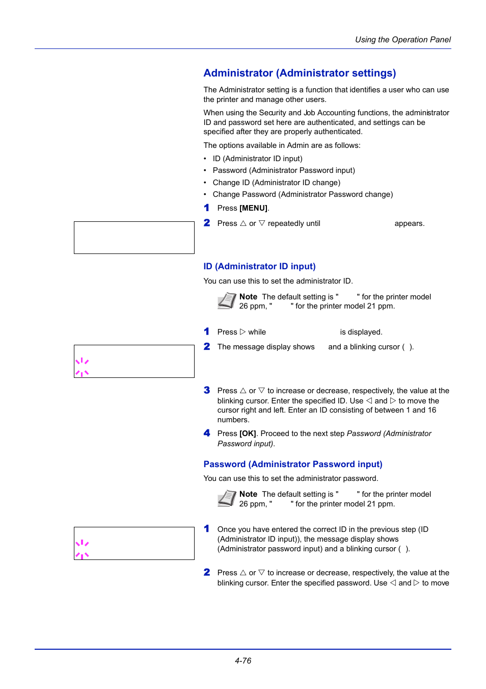 Administrator (administrator settings), Id (administrator id input), Password (administrator password input) | Administrator (administrator settings) -76, Administrator | TA Triumph-Adler CLP 4721 User Manual | Page 135 / 197