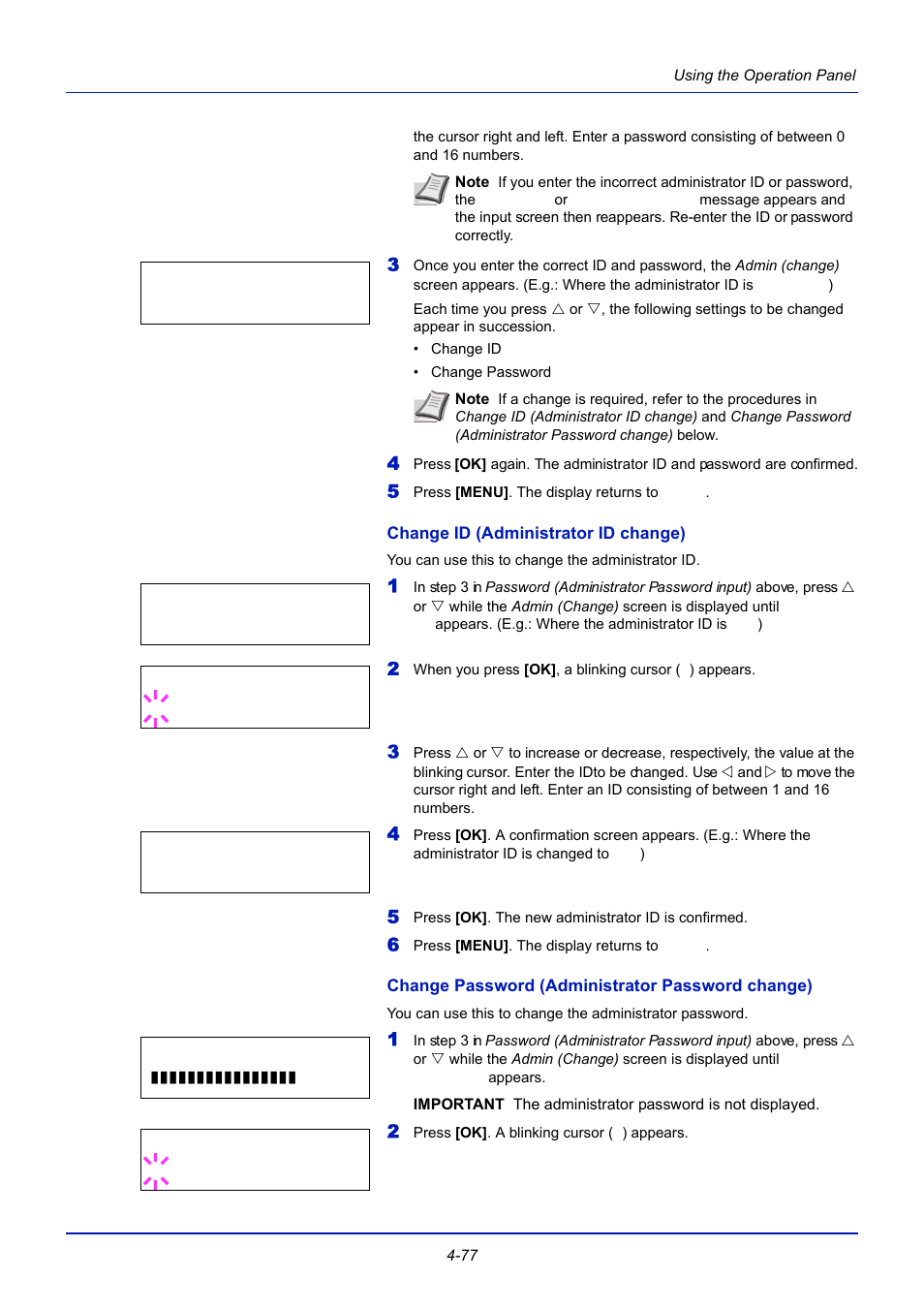 Change id (administrator id change), Change password (administrator password change) | TA Triumph-Adler CLP 4721 User Manual | Page 136 / 197