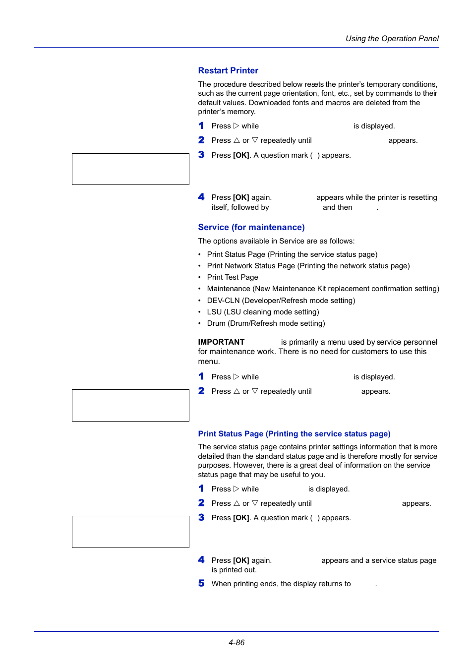 Restart printer, Service (for maintenance) | TA Triumph-Adler CLP 4721 User Manual | Page 145 / 197