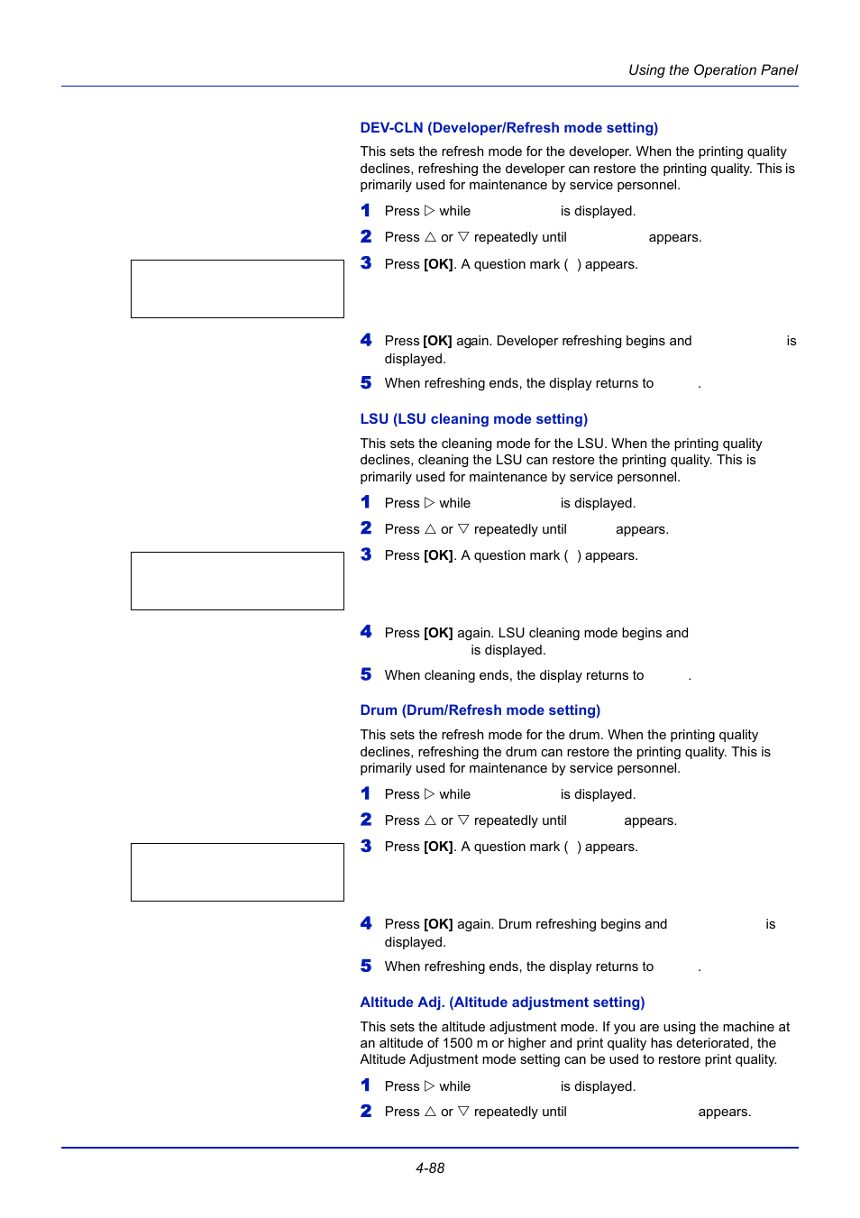 Dev-cln (developer/refresh mode setting), Lsu (lsu cleaning mode setting), Drum (drum/refresh mode setting) | Altitude adj. (altitude adjustment setting) | TA Triumph-Adler CLP 4721 User Manual | Page 147 / 197