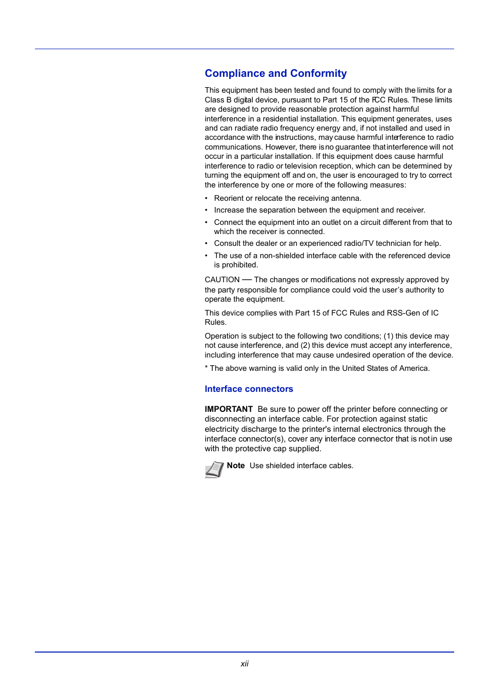 Compliance and conformity, Interface connectors | TA Triumph-Adler CLP 4721 User Manual | Page 15 / 197