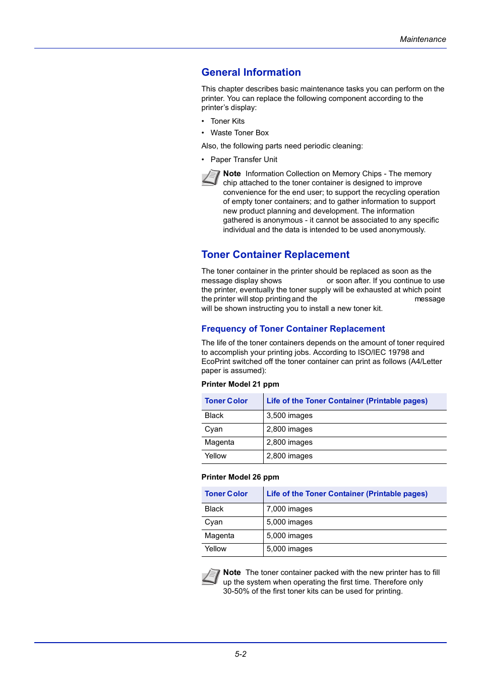 General information, Toner container replacement, Frequency of toner container replacement | General information -2, Toner container replacement -2 | TA Triumph-Adler CLP 4721 User Manual | Page 151 / 197