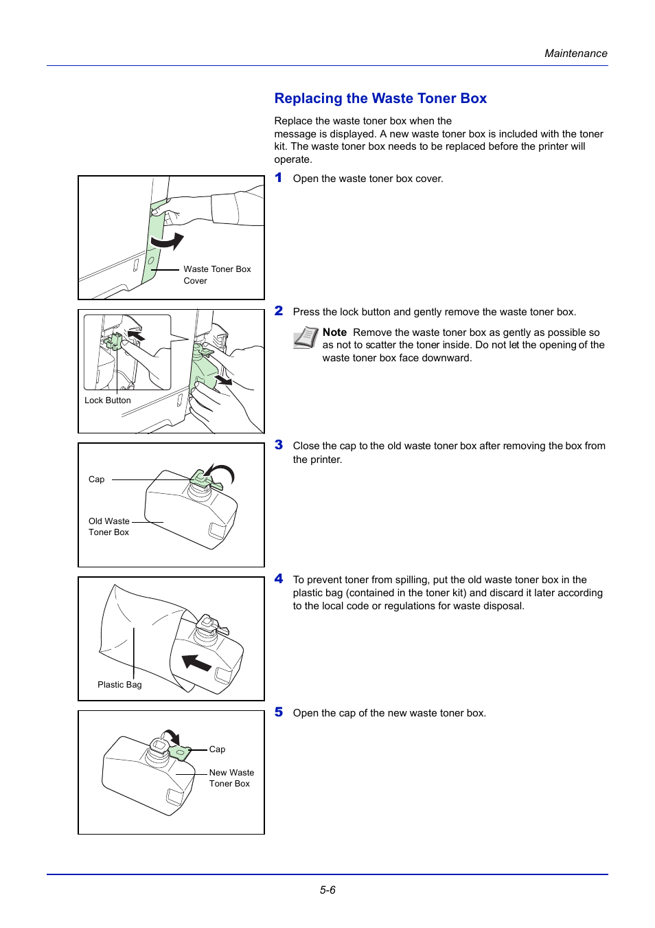 Replacing the waste toner box, Replacing the waste toner box -6 | TA Triumph-Adler CLP 4721 User Manual | Page 155 / 197