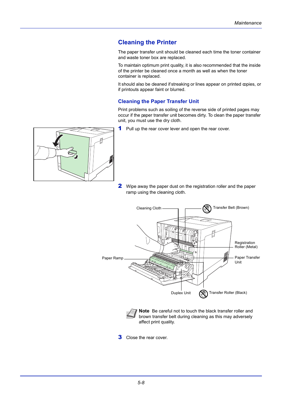 Cleaning the printer, Cleaning the paper transfer unit, Cleaning the printer -8 | TA Triumph-Adler CLP 4721 User Manual | Page 157 / 197