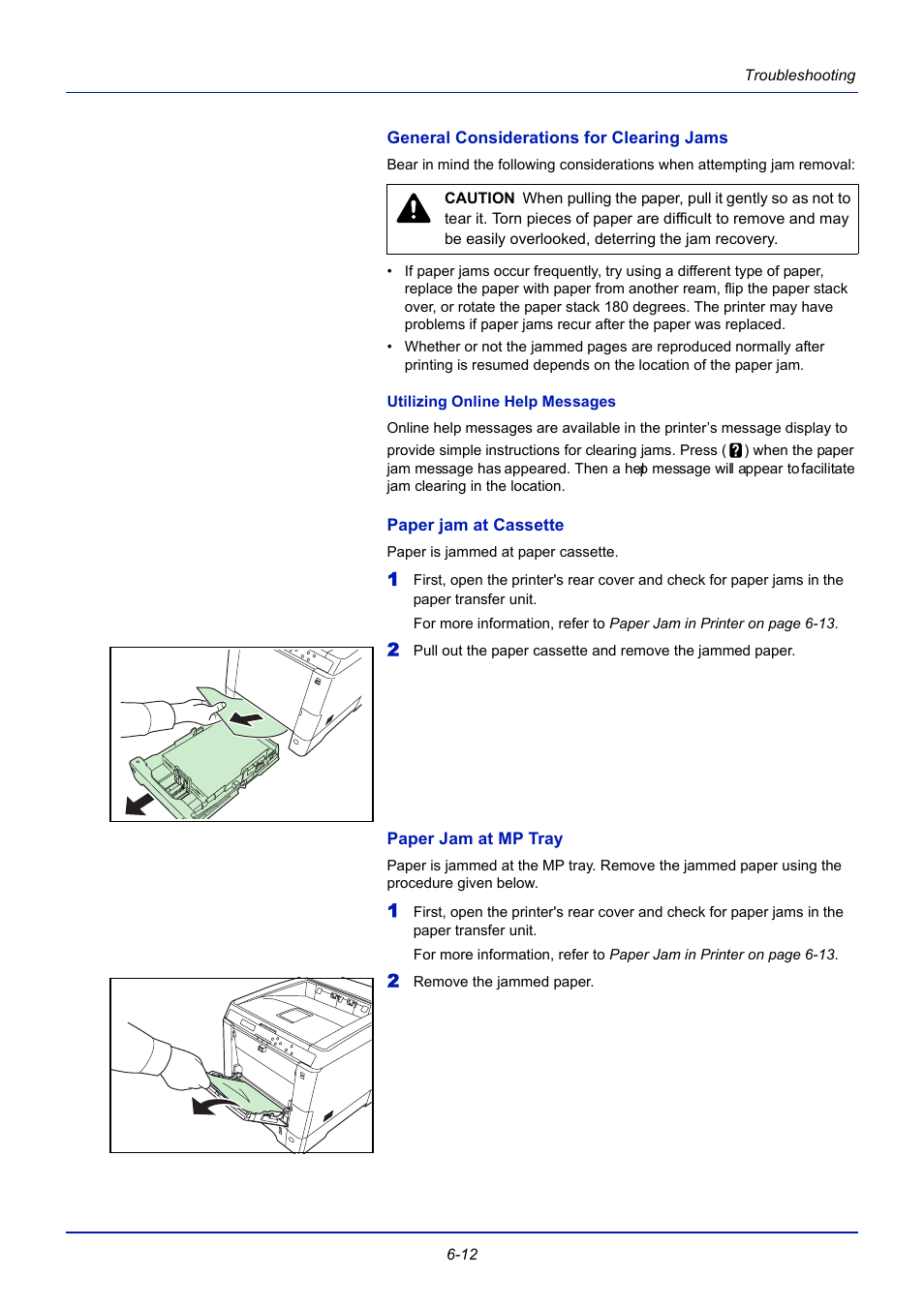 General considerations for clearing jams, Utilizing online help messages, Paper jam at cassette | Paper jam at mp tray | TA Triumph-Adler CLP 4721 User Manual | Page 169 / 197