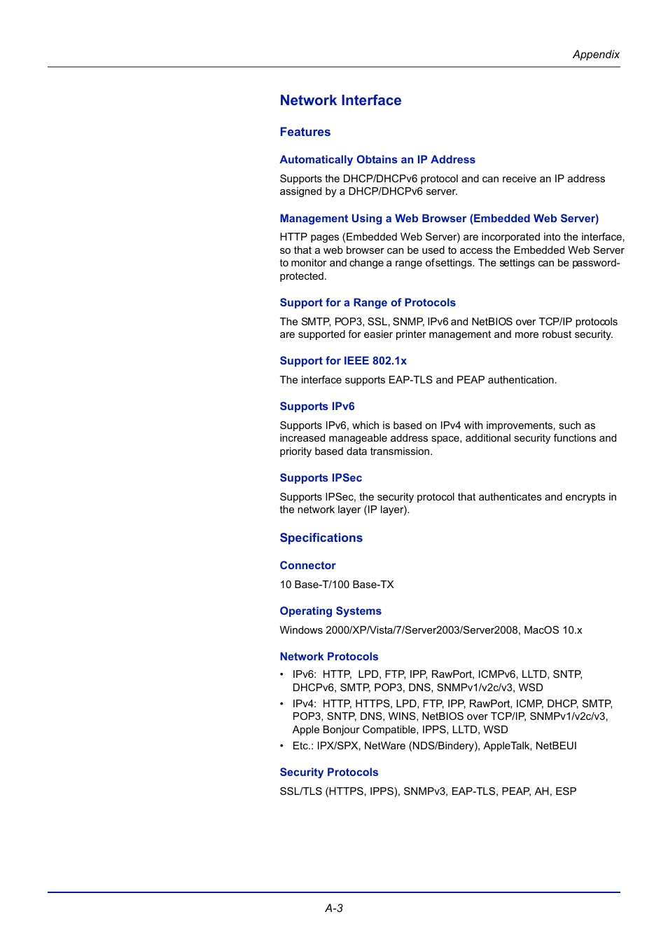 Network interface, Features, Automatically obtains an ip address | Management using a web browser (command center), Support for a range of protocols, Support for ieee 802.1x, Supports ipv6, Supports ipsec, Specifications, Connector | TA Triumph-Adler CLP 4721 User Manual | Page 176 / 197