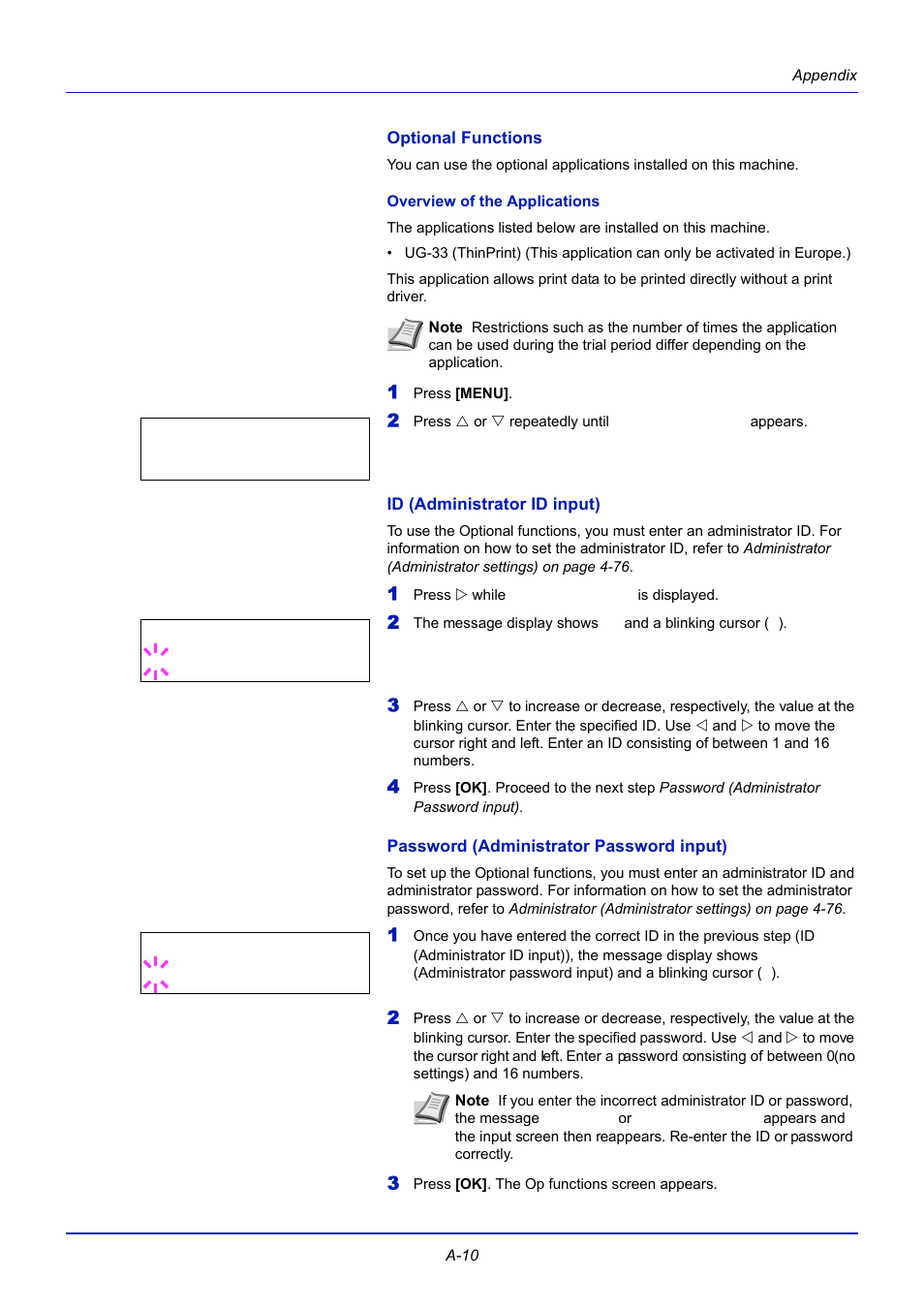 Optional functions, Overview of the applications, Id (administrator id input) | Password (administrator password input) | TA Triumph-Adler CLP 4721 User Manual | Page 183 / 197