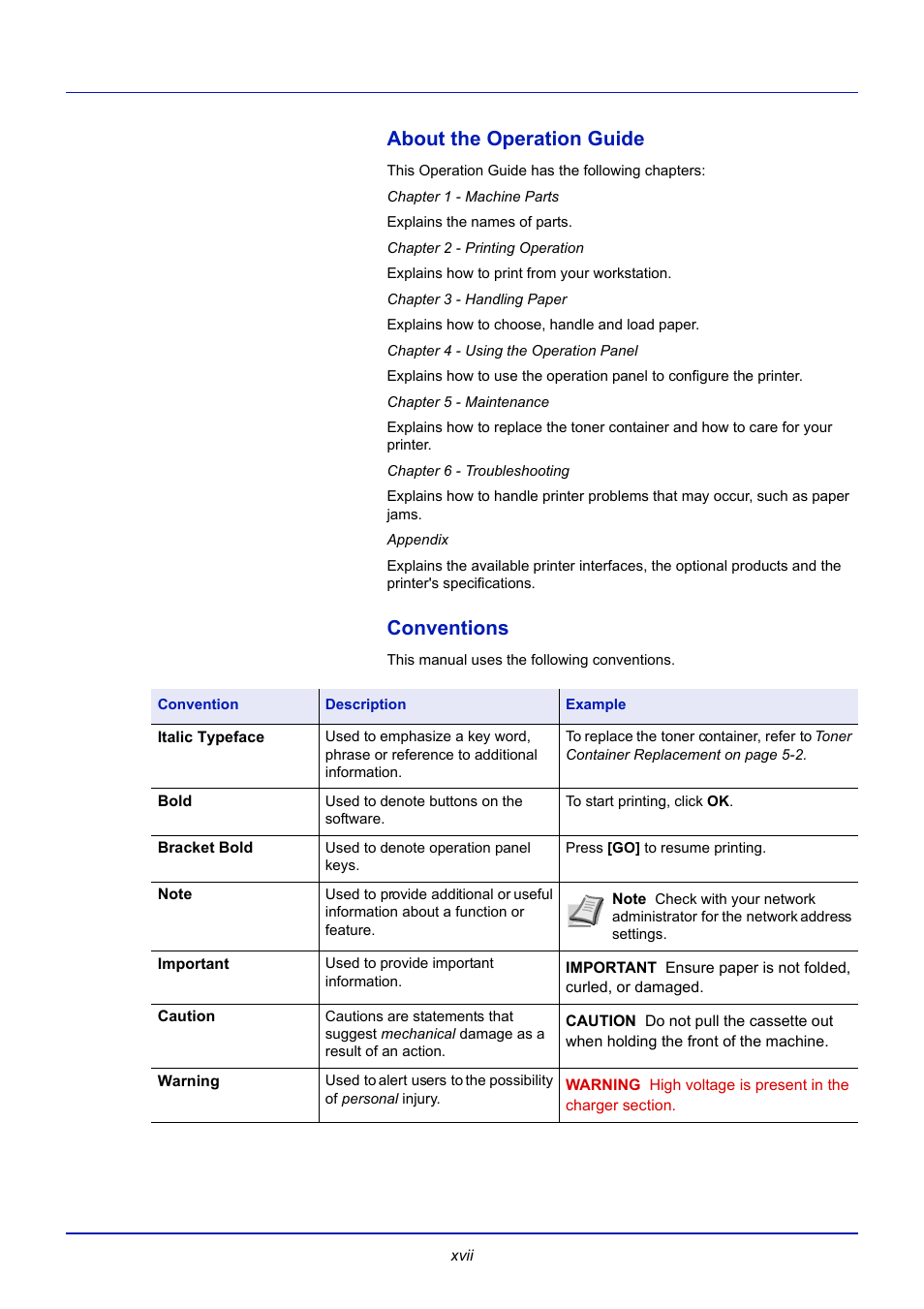 About the operation guide, Conventions | TA Triumph-Adler CLP 4721 User Manual | Page 20 / 197