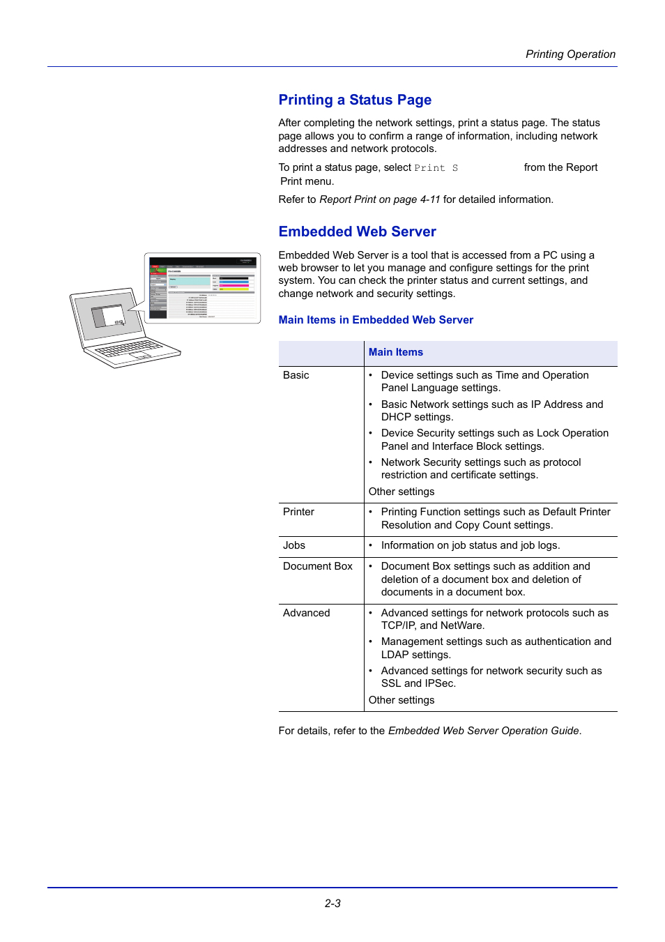 Command center, Main items in command center, Embedded web server -3 | Embedded web server 2-3, Embedded web, Printing a status page, Embedded web server | TA Triumph-Adler CLP 4721 User Manual | Page 28 / 197