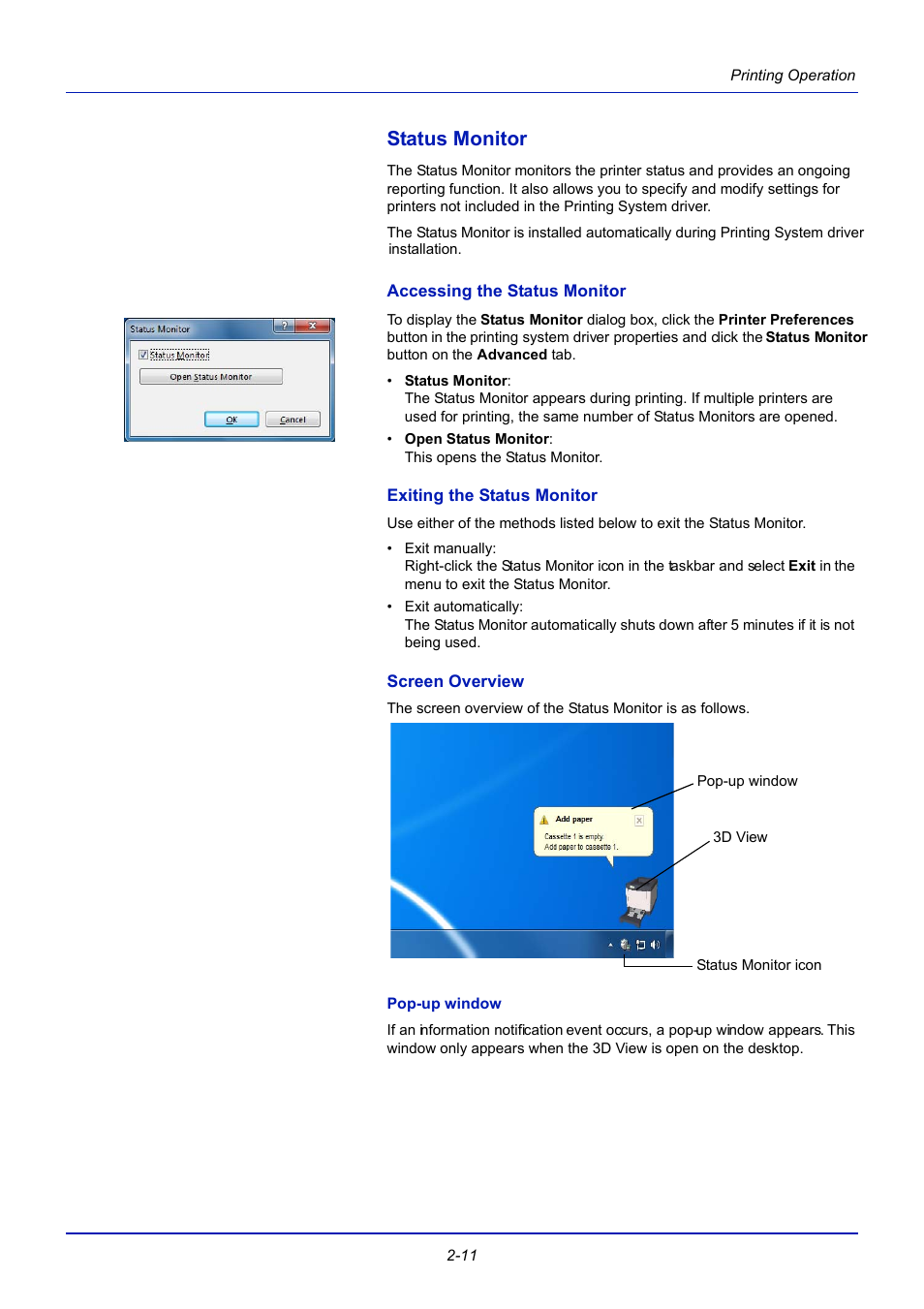 Status monitor, Accessing the status monitor, Exiting the status monitor | Screen overview, Pop-up window, Status monitor -11 | TA Triumph-Adler CLP 4721 User Manual | Page 36 / 197