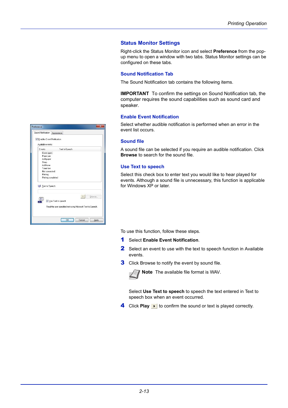 Status monitor settings, Sound notification tab, Enable event notification | Sound file, Use text to speech | TA Triumph-Adler CLP 4721 User Manual | Page 38 / 197