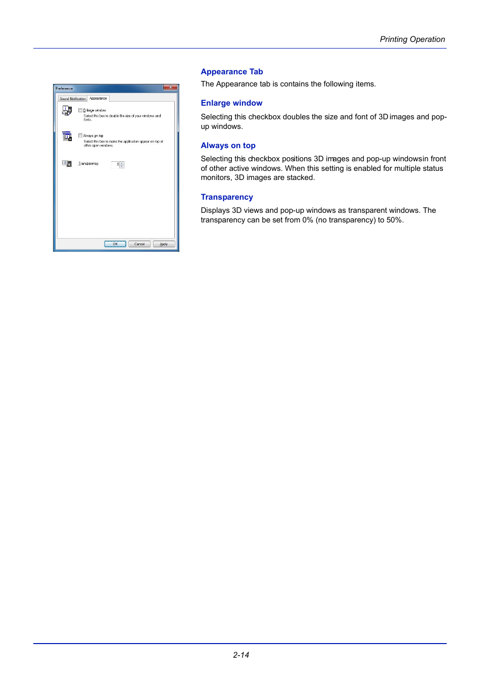 Appearance tab, Enlarge window, Always on top | Transparency | TA Triumph-Adler CLP 4721 User Manual | Page 39 / 197