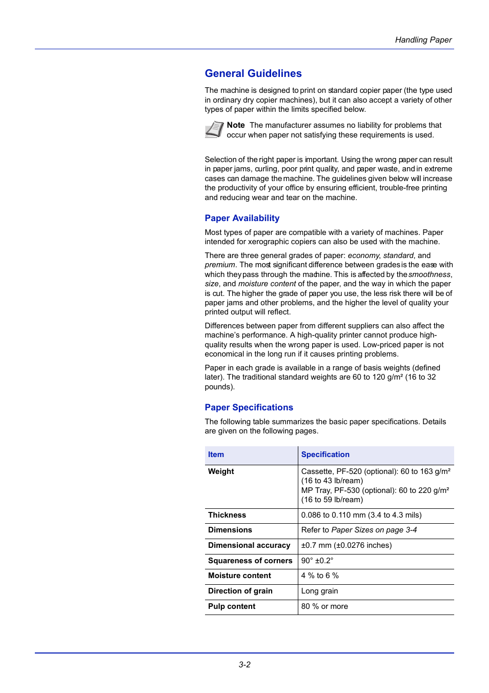 General guidelines, Paper availability, Paper specifications | General guidelines -2 | TA Triumph-Adler CLP 4721 User Manual | Page 43 / 197