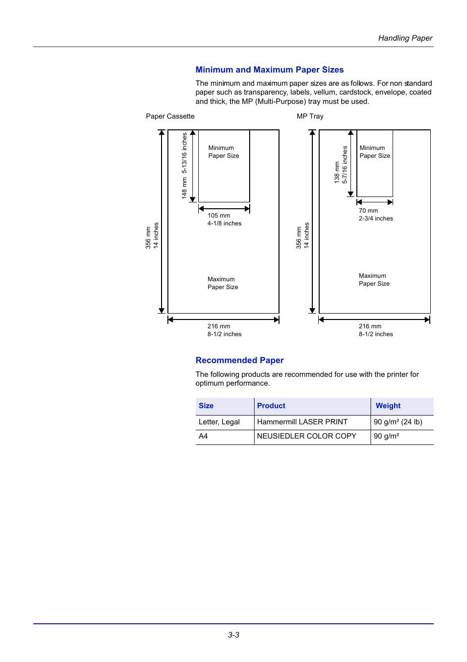 Minimum and maximum paper sizes, Recommended paper | TA Triumph-Adler CLP 4721 User Manual | Page 44 / 197
