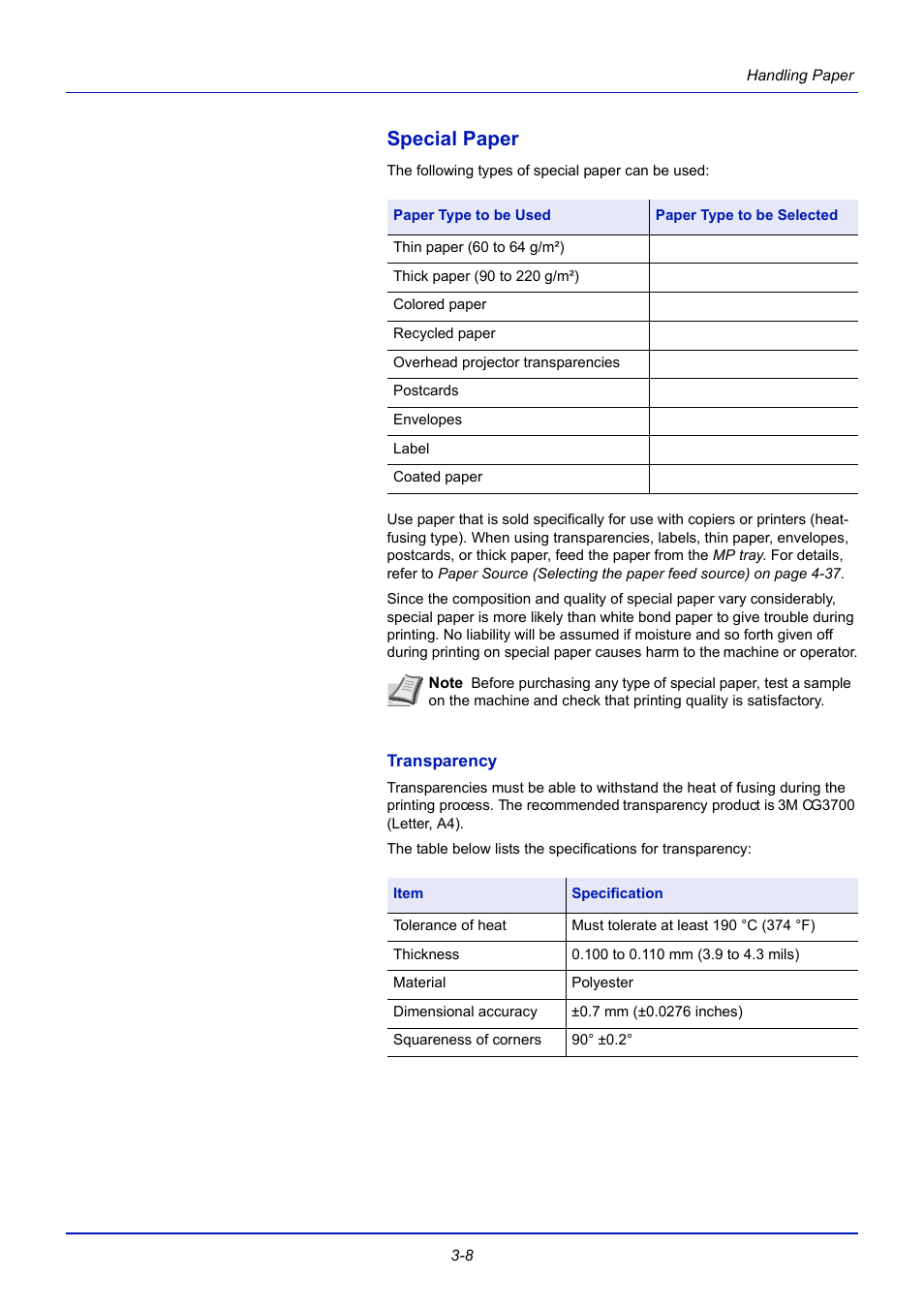 Special paper, Transparency, Special paper -8 | TA Triumph-Adler CLP 4721 User Manual | Page 49 / 197