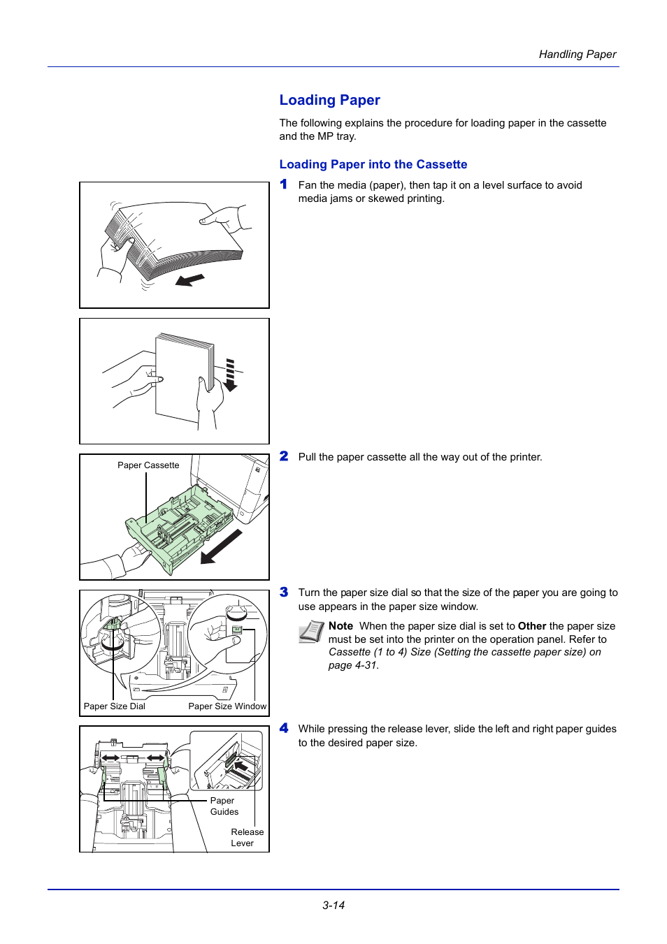 Loading paper, Loading paper into the cassette, Loading paper -14 | TA Triumph-Adler CLP 4721 User Manual | Page 55 / 197