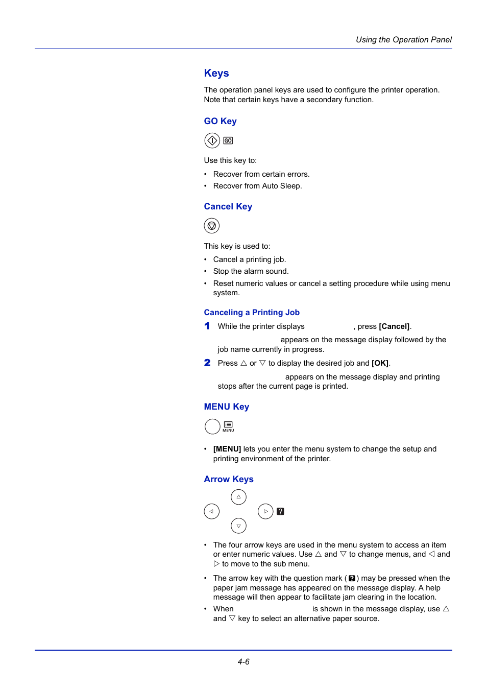Keys, Go key, Cancel key | Canceling a printing job, Menu key, Arrow keys, Keys -6, Efer to canceling a printing | TA Triumph-Adler CLP 4721 User Manual | Page 65 / 197