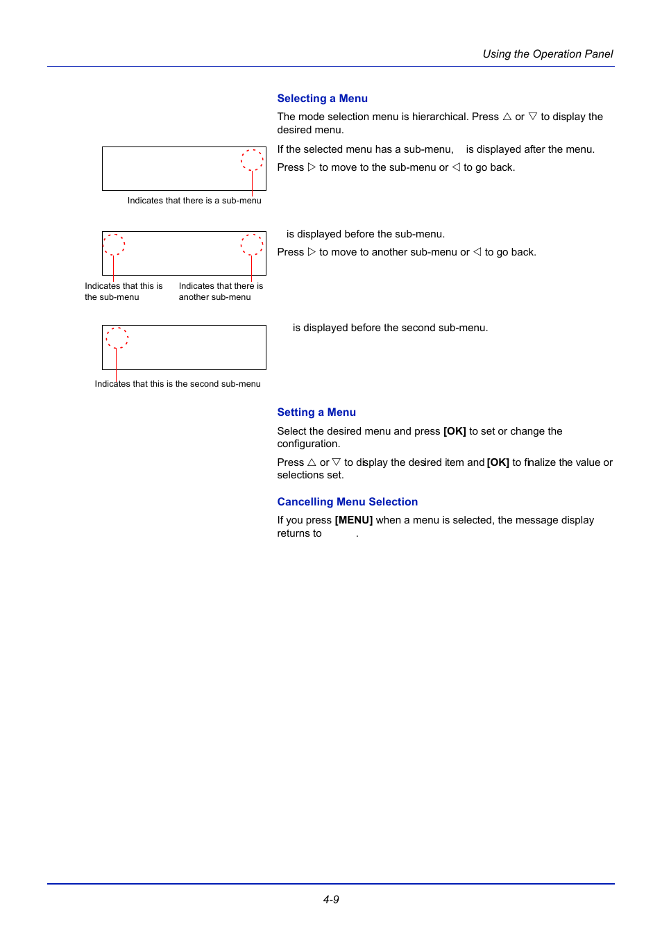 Selecting a menu, Setting a menu, Cancelling menu selection | TA Triumph-Adler CLP 4721 User Manual | Page 68 / 197