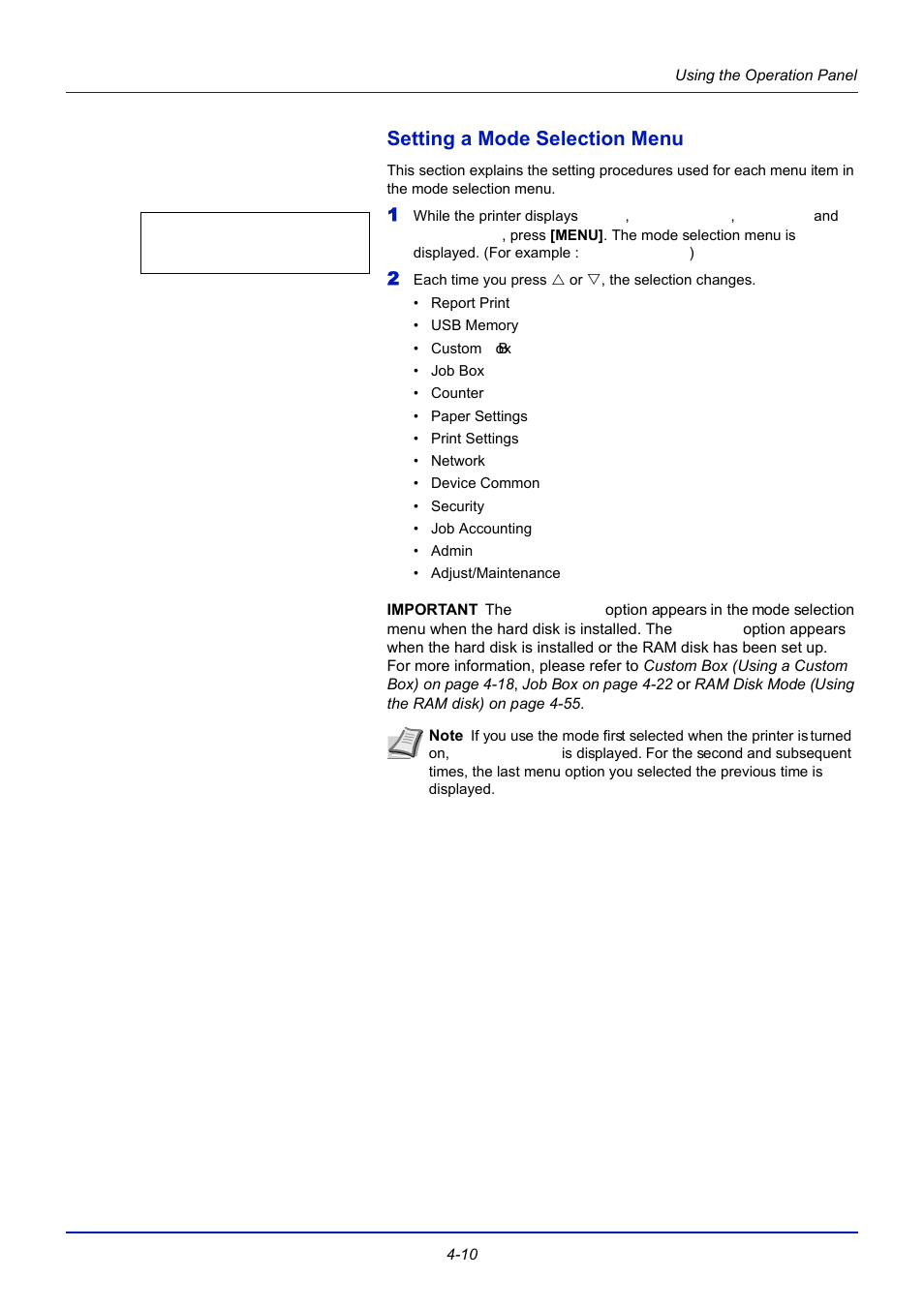 Setting a mode selection menu, Setting a mode selection menu -10 | TA Triumph-Adler CLP 4721 User Manual | Page 69 / 197