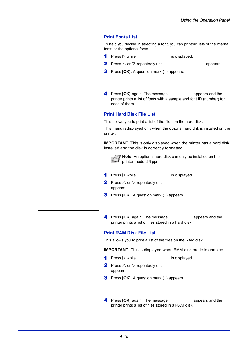 Print fonts list, Print hard disk file list, Print ram disk file list | TA Triumph-Adler CLP 4721 User Manual | Page 74 / 197