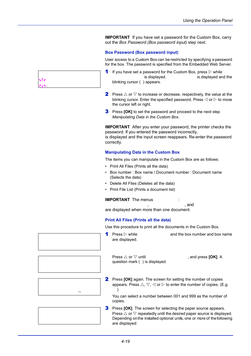 Box password (box password input), Manipulating data in the custom box, Print all files (prints all the data) | TA Triumph-Adler CLP 4721 User Manual | Page 78 / 197