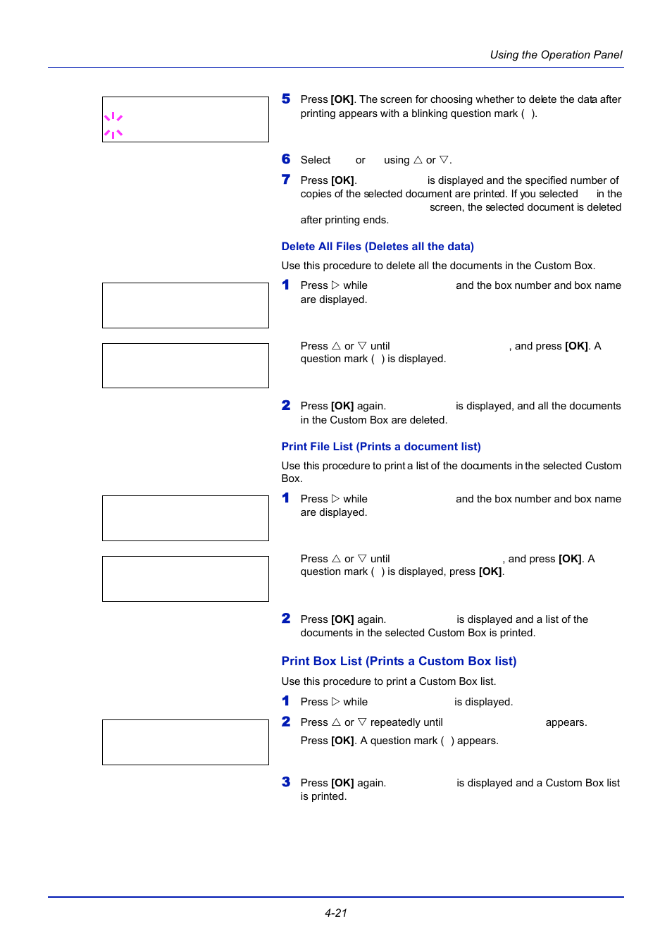 Delete all files (deletes all the data), Print file list (prints a document list), Print box list (prints a custom box list) | TA Triumph-Adler CLP 4721 User Manual | Page 80 / 197