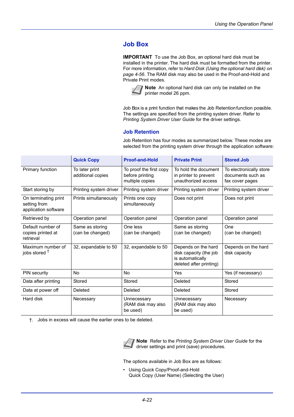 Job box, Job retention, Job box -22 | TA Triumph-Adler CLP 4721 User Manual | Page 81 / 197