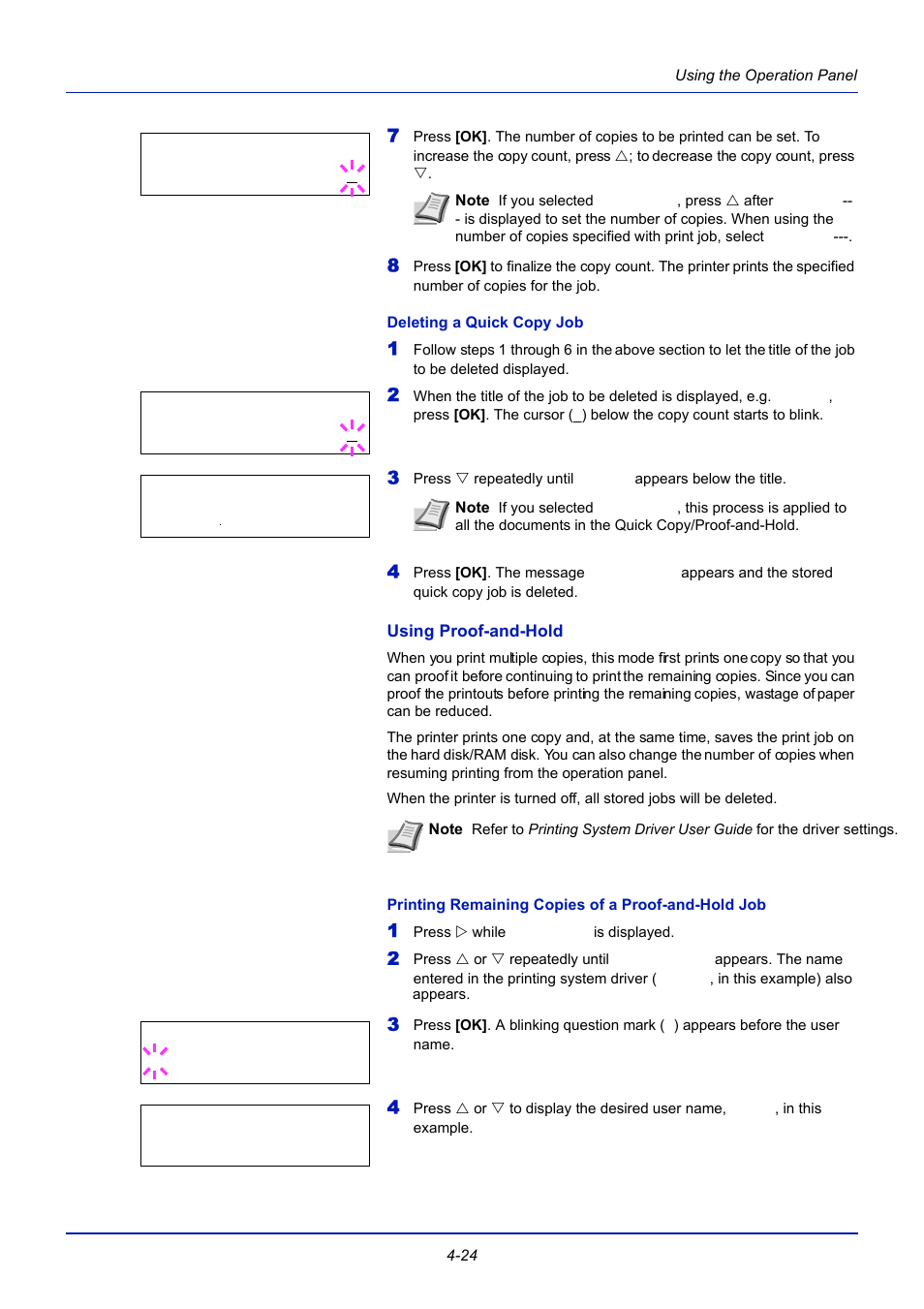 Deleting a quick copy job, Using proof-and-hold, Printing remaining copies of a proof-and-hold job | TA Triumph-Adler CLP 4721 User Manual | Page 83 / 197