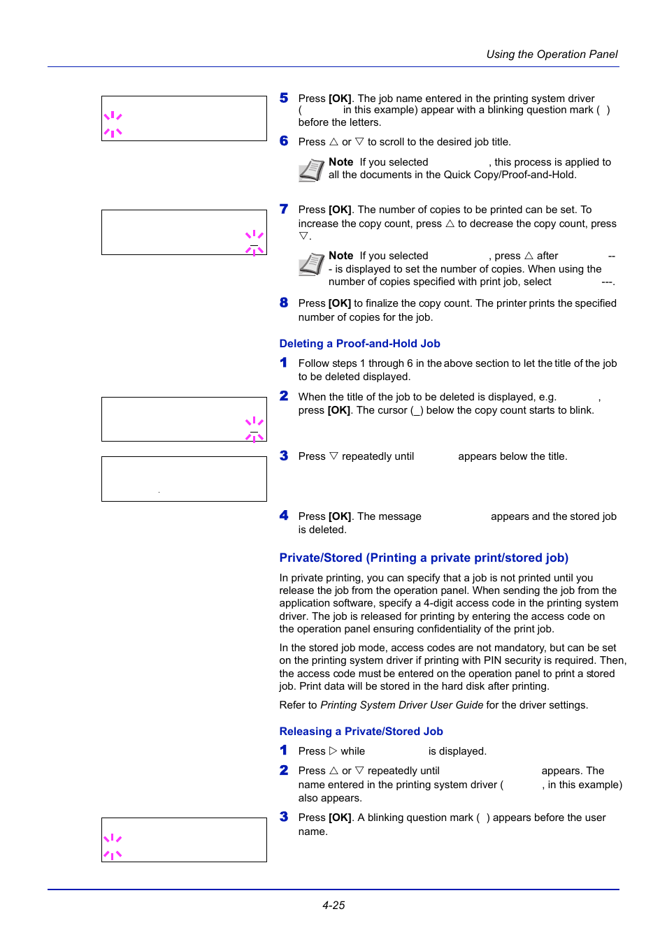 Deleting a proof-and-hold job, Releasing a private/stored job | TA Triumph-Adler CLP 4721 User Manual | Page 84 / 197