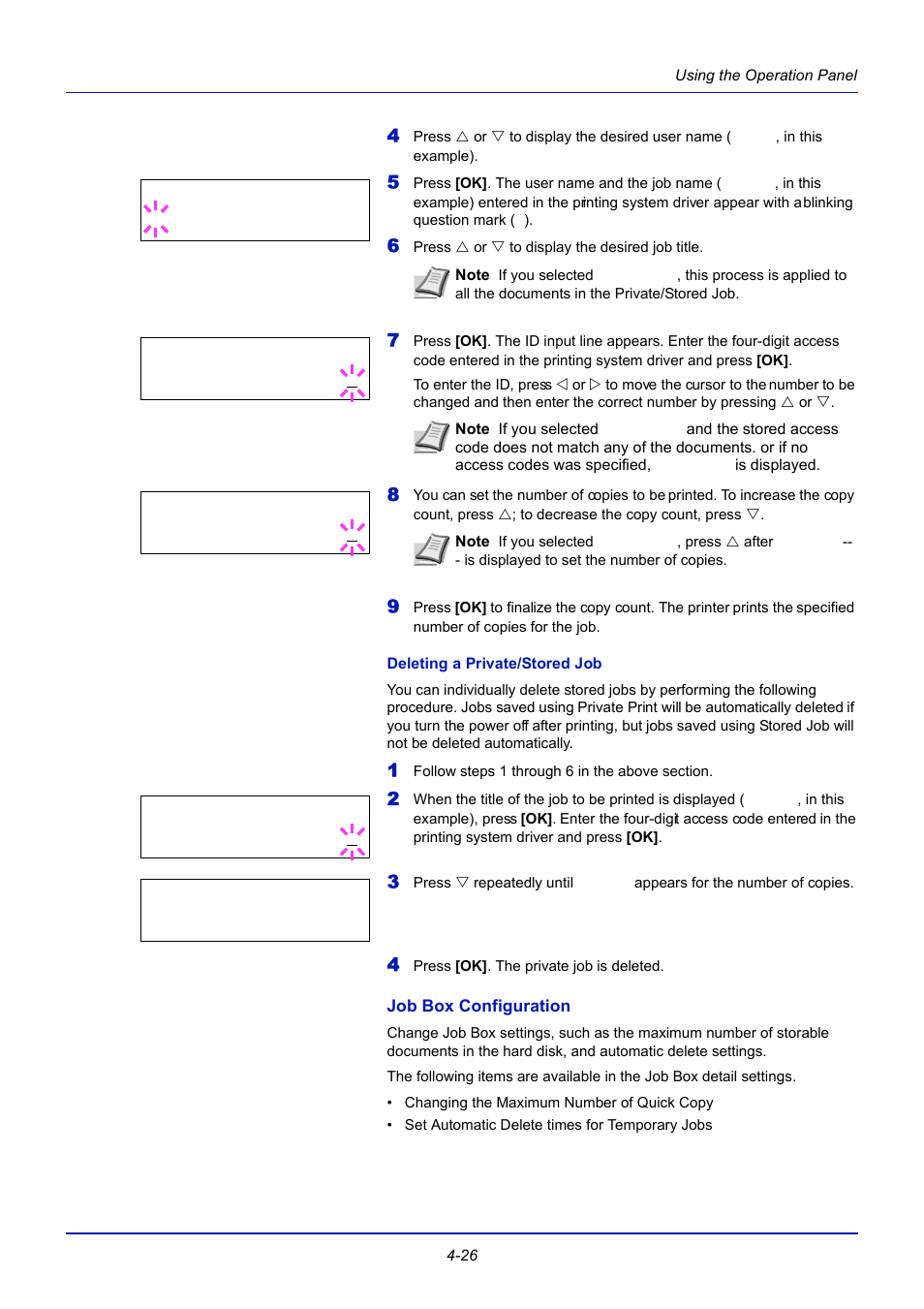 Deleting a private/stored job, Job box configuration | TA Triumph-Adler CLP 4721 User Manual | Page 85 / 197